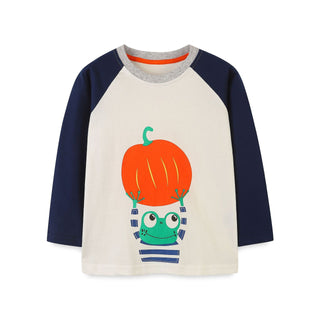 Autumn 2025 Kids Long Sleeve T-Shirt | Halloween Pumpkin Cartoon Print – European & American Style