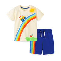 Summer Boys' Two-Piece Suit – Short-Sleeve Knitted Cotton, Cartoon Round Neck, European & American Style Kids' Outfit